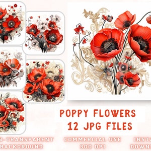 Roter Mohn Blumen Clipart - Aquarell Mohn - rote Blumen Clipart für Scrapbook, digitaler Download, Kartenherstellung - kommerzielle Nutzung