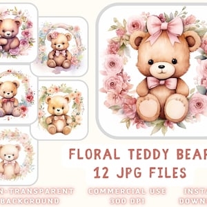 Floral Teddy Bears Aquarelle ClipArt 12 JPG - Teddy Bear Illustration Art Scrapbooking Junk Journaling Téléchargement instantané pour un usage commercial