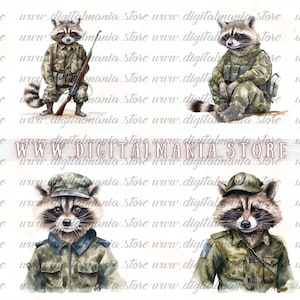 Stylish Raccoons in Army Uniform - Watercolor Clip Art Pack for Wall ...