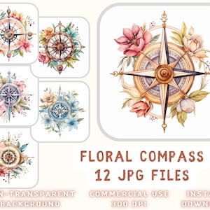 Floral kompas aquarel ClipArt 12 JPG - kompas illustratie Mix Art scrapbooking ongewenste Journaling Instant Download voor commercieel gebruik