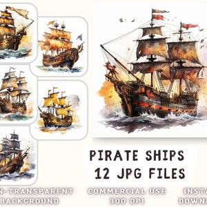 Pirate Ships Watercolor Clip Art 12 JPG - Pirate Clipart Sea Ships Scrapbooking Junk Journaling Mixed Media Card Making Commercial Use
