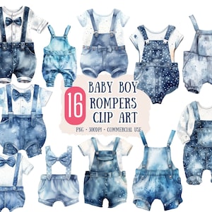Macacão de bebê menino aquarela Clip Art 16 PNG - Ilustrações de batismo Scrapbooking Crafting Bundle Cartão de papel digital para uso comercial
