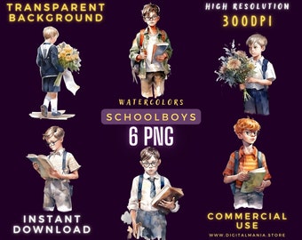 Watercolor Schoolboys - Transparent Background PNG, Schoolboys ClipArt PNG for Crafting Bundle, Digital Paper, Scrapbooking - Commercial Use