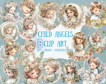 Child Angels Clipart 16 PNG Files Cute Angels Illustration Angel Art Scrapbooking Crafting Bundle Digital Paper Card Making Commercial Use