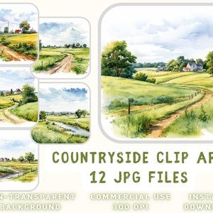 Campo acuarela Clip Art 12 JPG - entorno rural imágenes Scrapbooking basura diario tarjeta de técnica mixta hacer uso comercial