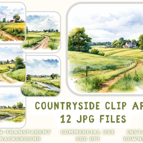 Countryside Watercolor Clip Art 12 JPG - Rural environment Images Scrapbooking Junk Journaling Mixed Media Card Making Commercial Use