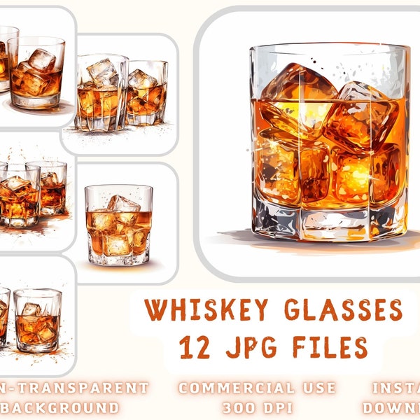 Whiskey Glasses Watercolor Clip Art 12 JPG - Whiskey Glass Illustrations Scrapbooking Junk Journaling Mixed Media Card Making Commercial Use