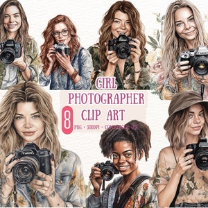 Chica fotógrafa Clip Art 8 PNG - Chica con cámara PNG Ilustraciones Scrapbooking Crafting Bundle Tarjeta de papel digital haciendo uso comercial