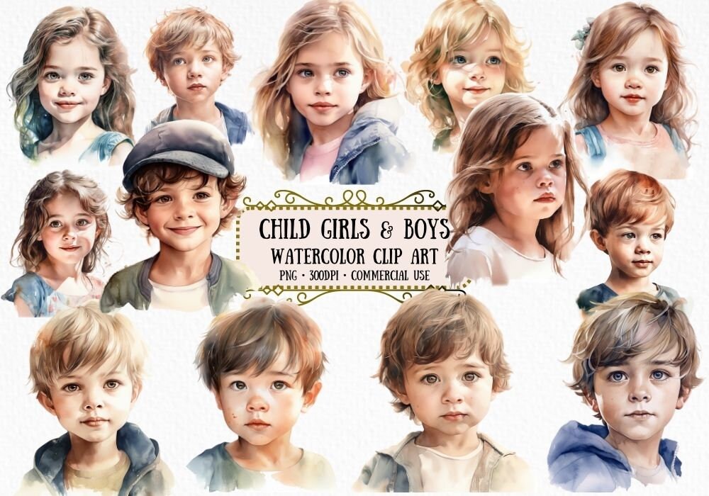 Child Girl and Boys Portrait Watercolor Clip Art 20 PNG - Watercolor Childs Illustration Crafting Bundle Instant Download for Commercial Use