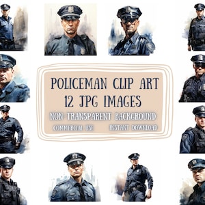 Policeman Clip Art 12 JPG - Watercolor Policeman Illustration Police Art Scrapbooking Junk Journaling Mixed Media Card Making Commercial Use