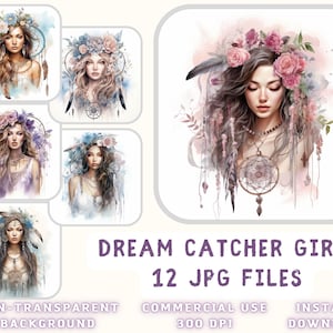 Dream Catcher Girl Akwarela ClipArt 12 JPG - Dream Catcher ClipArt Scrapbooking Junk Journaling Mixed Media Card Making Komercyjne wykorzystanie