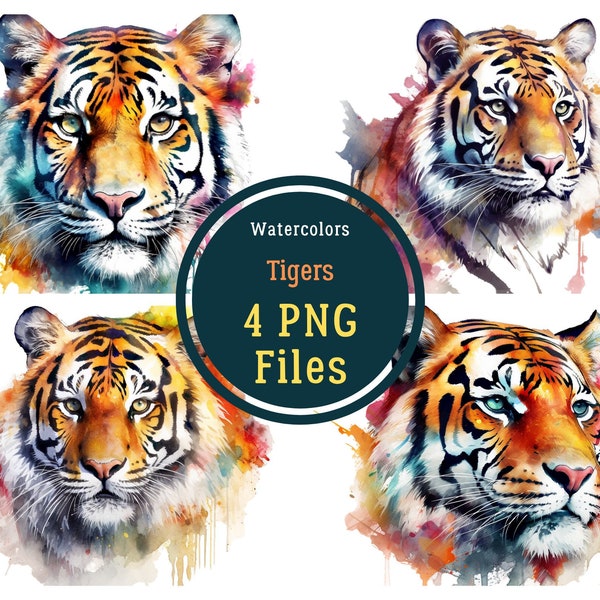 Watercolor Tiger Heads PNG - Transparent background - Majestic Tiger Clipart PNG - Crafting Bundle Digital Paper Scrapbooking Commercial Use