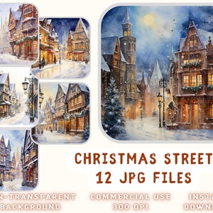 Chistmas Street Watercolor ClipArt 12 JPG - Christmas Illustration Scrapbooking Junk Journaling Instant Download for Commercial Use