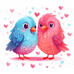 Dibujos animados Lovebirds Clip Art 12 JPG - pareja de pájaros de San Valentín Scrapbooking Junk Journaling Decoupage imágenes Clipart paquetes uso comercial