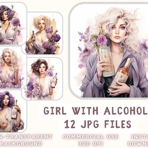 Fille avec une bouteille de vin Aquarelle Clip Art 12 JPG - Glamour Girl Art Scrapbooking Junk Journaling Mixed Media Card Making Commercial Use