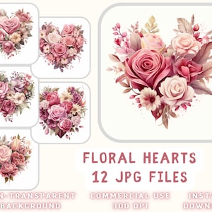 Florale Herzen Aquarell Clip Art 12 JPG - Herzförmige Blumen Bilder Scrapbooking Junk Journaling Mixed Media Karte, die kommerzielle Nutzung