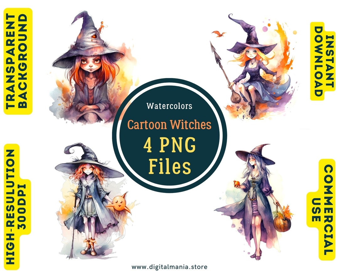 Enchanting Watercolor Cartoon Witches - Cute Witch Clipart PNG ...
