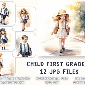 Childs indo para a 1ª série Aquarela Clip Art 12 JPG - Childs Clip Art Scrapbooking Junk Journaling Cartão de mídia mista Fazendo uso comercial