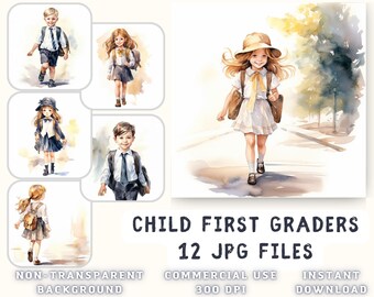 Childs going to 1st grade Watercolor Clip Art 12 JPG - Childs Clip Art Scrapbooking Junk Journaling Mixed Media Card Making Commercial Use