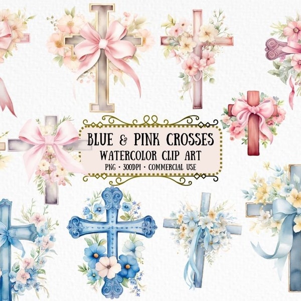 Blue and Pink Baptism Crosses Watercolor Clip Art - Floral Cross Clipart - Scrapbooking Crafting Bundle Instant Download for Commercial Use