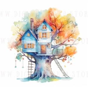 Wunderliches Baumhaus Aquarell ClipArt - Sofortiger Download für kommerzielle Nutzung. Erstellen Sie fesselnde Wanddekoration, Kinderzimmer Kunst & DIY Handwerk
