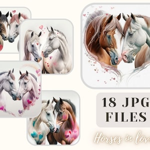 Caballos enamorados - ClipArt de acuarela para planificador digital y libro de chatarra - Calidad Premium 18 JPG, Descarga digital - Uso comercial incluido