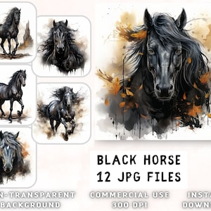 Black Horses Acuarela Clip Art - Calidad Premium 12 JPG - para libro de chatarra, diario basura, medios mixtos, descarga instantánea para uso comercial