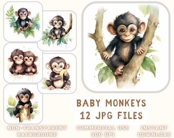 Cute Baby Monkeys Watercolor ClipArt 12 JPG - Monkeys Illustration Mix Art Scrapbooking Junk Journaling Instant Download for Commercial Use