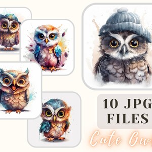 Cute Owls Watercolor  Collection 10 JPG Owls Illustration Owls Clipart Art Crafting Bundle Digital Paper Scrapbooking Commercial Use