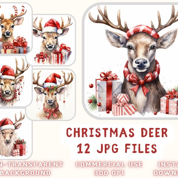 Christmas Reindeer Watercolor Clip Art 12 JPG - Christmas ClipArt Deers Scrapbooking Junk Journaling Mixed Media Card Making Commercial Use