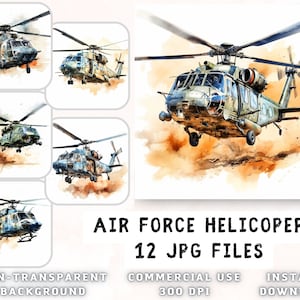 Clipart de helicóptero da Força Aérea - Arte de helicóptero em aquarela - Clipart da Força Aérea para livro de recortes, download digital, confecção de cartões - uso comercial