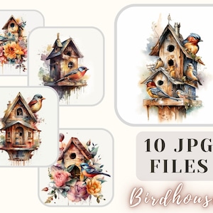 Coleção aquarela Birdhouse 10 JPG Floral Birdhouse Ilustração Birdhouse Art Crafting Bundle Papel digital Scrapbooking Uso comercial