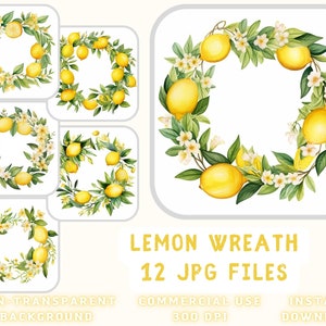 Lemon Wreath Watercolor ClipArt 12 JPG - Lemon ClipArt Lemon Images Scrapbooking Junk Journaling Mixed Media Card Making Commercial Use