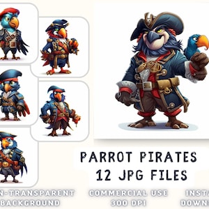 Cartoon Parrot Pirates Clip Art 12 JPG - Pirate Clipart Funny Parrots Scrapbooking Junk Journaling Mixed Media Card Making Commercial Use