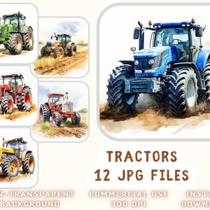 Ackerschlepper Aquarell ClipArt 12 JPG - Traktor Illustrationen Mix Art Scrapbooking Junk Journaling Instant Download für kommerzielle Nutzung