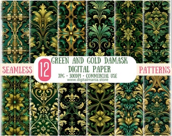 Green and Gold Damask Digital Paper, Victorian Gothic - Perfect for Scrapbooking & Commercial Use. Printable Scrapbook Paper and More!