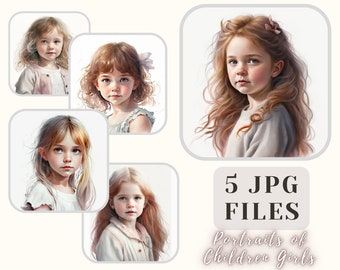 Portraits of Children Girls 5 JPG Files Children Illustration Baby Girl Images Crafting Bundle Digital Paper Scrapbooking Commercial Use