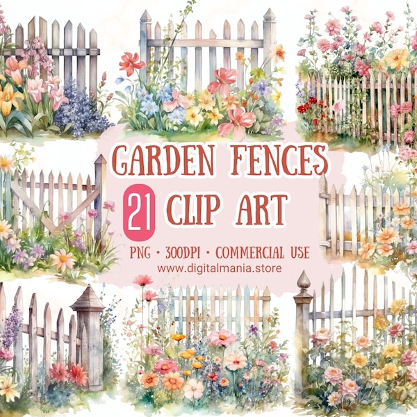 Watercolor Garden Fences Clip Art 21 PNG Fence PNG Garden Fences Illustrations PNG Scrapbooking Crafting Bundle Card Making Commercial Use