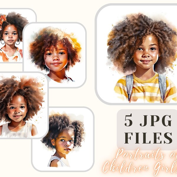 Portraits of African-American Children Girl 5 JPG Files Children Illustration Crafting Bundle Digital Paper Scrapbooking Commercial Use