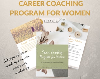 Puede incluir: Una descarga digital verde y blanca para un programa de auto-coaching de carrera para mujeres. El programa incluye 50 páginas de preguntas de coaching de carrera, consejos y hojas de trabajo. El texto "Programa de coaching de carrera para mujeres" aparece en la portada.