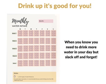 Puede incluir: Un rastreador mensual de ingesta de agua con un diseño rosa y blanco. El rastreador incluye espacio para registrar el consumo diario de agua durante cuatro semanas, con una sección extra. El texto "Drink up it's good for you!" está en la parte superior.