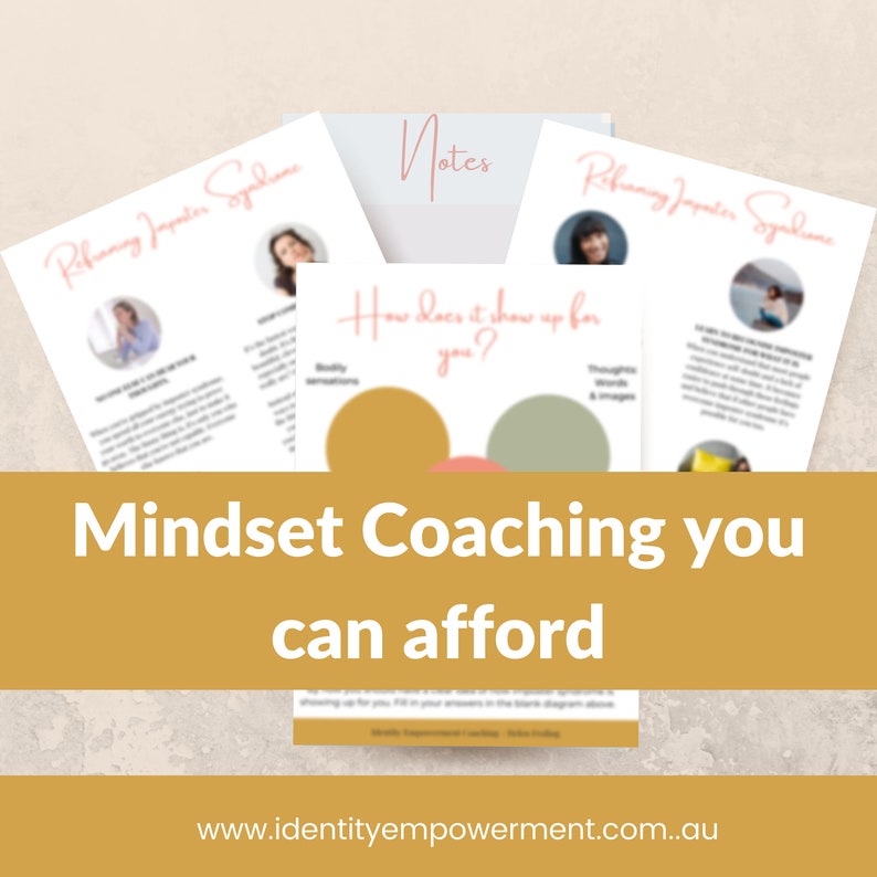 Puede incluir: Imagen promocional con varios papeles blancos con texto e im&aacute;genes, incluidas las palabras "Rebang Jayater Syndrome" y "How does it show up for you?". La imagen tambi&eacute;n incluye el texto "Mindset Coaching you can afford" en una pancarta dorada.
