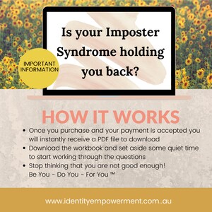 Puede incluir: Gr&aacute;fico digital con el texto "Is your Imposter Syndrome holding you back?" en la pantalla de un port&aacute;til. La imagen incluye las palabras "HOW IT WORKS" y vi&ntilde;etas que describen el proceso. Un c&iacute;rculo amarillo dice "IMPORTANT INFORMATION".