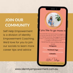 Puede incluir: Un smartphone muestra una p&aacute;gina web con el texto "JOIN OUR COMMUNITY" e informaci&oacute;n sobre Identity Empowerment Coaching. La pantalla muestra a una mujer con un vestido azul. El fondo es melocot&oacute;n con detalles dorados. La direcci&oacute;n web es www.identityempowerment.com.au.