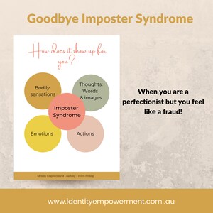 Puede incluir: Un p&oacute;ster con el t&iacute;tulo "Goodbye Imposter Syndrome" y un diagrama que ilustra las manifestaciones del s&iacute;ndrome del impostor. El diagrama incluye c&iacute;rculos etiquetados como "Sensaciones corporales", "Pensamientos: Palabras e im&aacute;genes", "Emociones" y "Acciones".