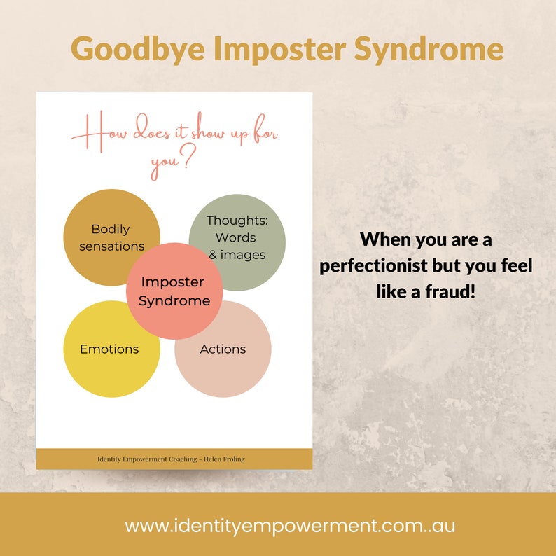 Puede incluir: Un p&oacute;ster con el t&iacute;tulo "Goodbye Imposter Syndrome" y un diagrama que ilustra las manifestaciones del s&iacute;ndrome del impostor. El diagrama incluye c&iacute;rculos etiquetados como "Sensaciones corporales", "Pensamientos: Palabras e im&aacute;genes", "Emociones" y "Acciones".