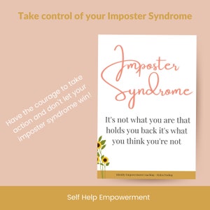 Puede incluir: Un p&oacute;ster con las palabras "Imposter Syndrome" en cursiva. El p&oacute;ster incluye la cita "No es lo que eres lo que te frena, es lo que crees que no eres". El fondo es de color melocot&oacute;n claro.