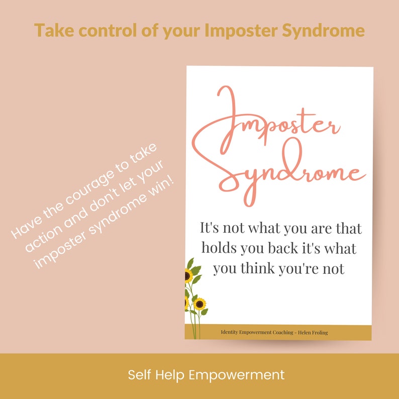 Puede incluir: Un p&oacute;ster con las palabras "Imposter Syndrome" en cursiva. El p&oacute;ster incluye la cita "No es lo que eres lo que te frena, es lo que crees que no eres". El fondo es de color melocot&oacute;n claro.