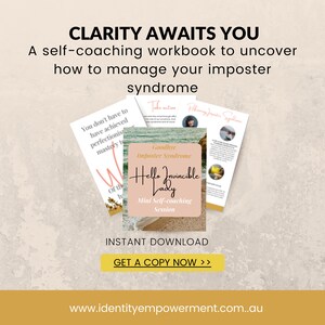 Puede incluir: Imagen promocional para un cuaderno de autocoaching. La imagen presenta el texto &laquo;CLARITY AWAITS YOU&raquo; y &laquo;Goodbye Imposter Syndrome&raquo;. El cuaderno promete ayudar a gestionar el s&iacute;ndrome del impostor. La imagen incluye el texto &laquo;INSTANT DOWNLOAD&raquo;.