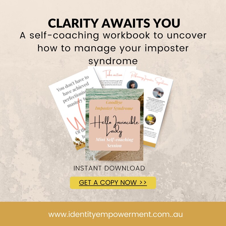 Puede incluir: Imagen promocional para un cuaderno de autocoaching. La imagen presenta el texto &laquo;CLARITY AWAITS YOU&raquo; y &laquo;Goodbye Imposter Syndrome&raquo;. El cuaderno promete ayudar a gestionar el s&iacute;ndrome del impostor. La imagen incluye el texto &laquo;INSTANT DOWNLOAD&raquo;.